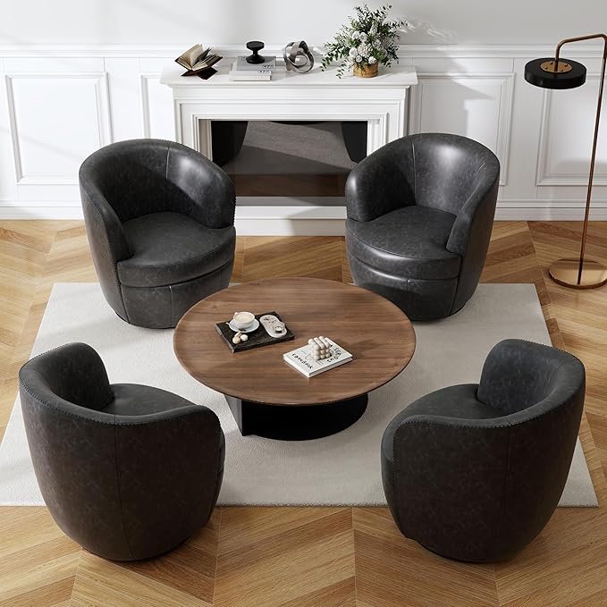 Swivel Barrel Chair Modern Round PU Leather Accent Armchair for Living Room Bedroom Comfy Club Reading Chairs for Adults (Leather Black Grey Set of 1)