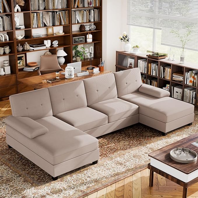Nutually Sectional Couches for Living Room Convertible U-Shaped Sofa Couch with Double Chaise 4 Seat Sofa Set Modular Sofa Couch with Linen Fabric for Apartment Beige