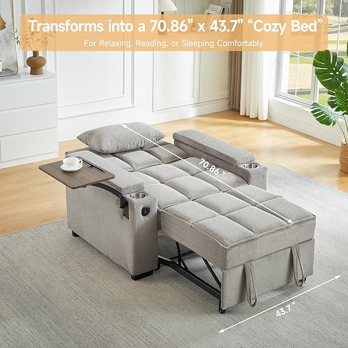 Large Size Convertible Sleeper Chair Futon Sofa Bed Comfortable Thick Cushion Single Sleeper Sofa Handheld Storage and Adjustable Backrest | Reading Chair with Rotating Small Table (Khaki)