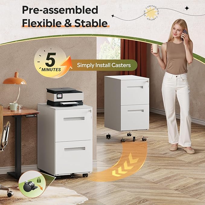 DEVAISE 2-Drawer Metal File Cabinet with Lock Mobile Filing Cabinet Under Desk for Home Office Fully Assembled Printer Stand fits F4/A4/Letter/Legal Size White 20 D x 15 W x 27 H