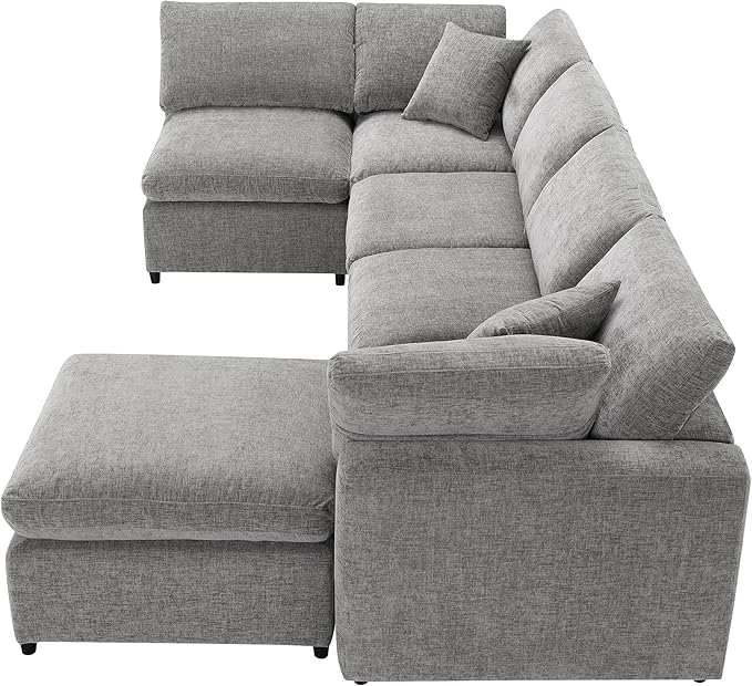 130-Inch Sectional Modular Cloud Sofa Couch Oversized 6 Seat Upholstered Chenille U Shaped Sofa Couches with Movable Ottoman 2 Throw Pillows for Living RoomOffice