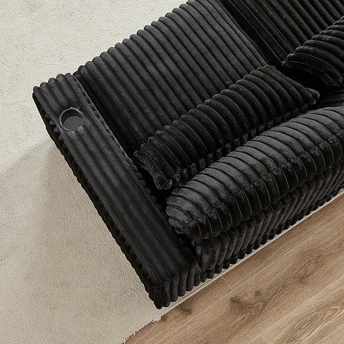 Yoglad 128'' L Shaped Modular Sectional Sofa Cozy Oversized Corduroy Couch with Cup Holders and Charging Port 4-Seater Sofa with Ottoman for Livingroom Apartment Office (Black)