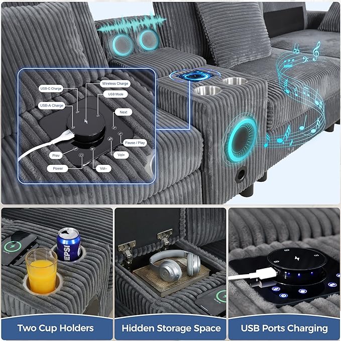 114 Corduroy Modular Sectional Sofa with Bluetooth Speakers &amp USB Ports Deep Seat L Shaped Couch with Storage Console Cup Holders Movable Ottoman Cloud Comfy Gaming Sofa for Living Room (Gray
