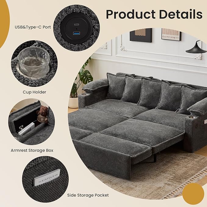 82.7’’ King Size Pull Out Sofa Bed 3 in 1 Convertible Sleeper Sofa Bed with Futon Sofa  Chenille Loveseat Couch Bed with USB and Storage Pockets for Living RoomBedroom Pet-Friendly (Dark Gray)