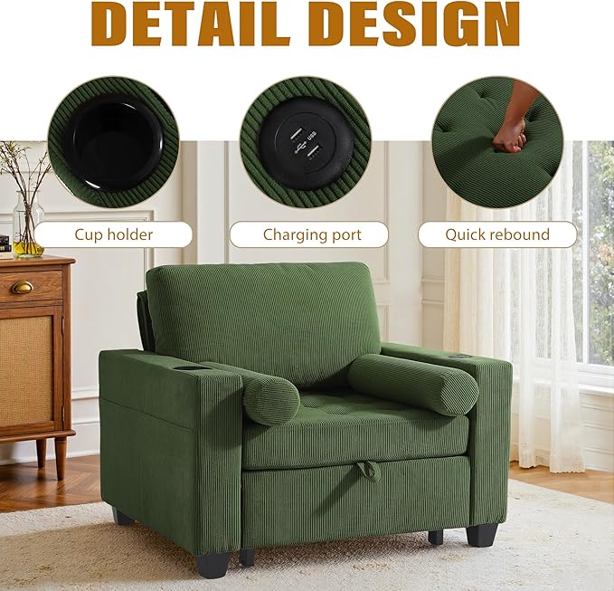 39 Convertible Sleeper Chair Comfy Corduroy Single Sofa Chair with Pull-Out Bed Sleeper Sofa Bed with 3-Levels Adjustable Backrest Side Pocket Cup Holder USB Ports for Living Room Green