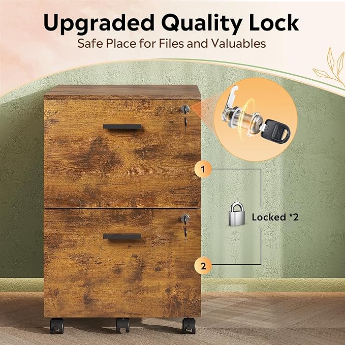 DEVAISE 2 Drawer File Cabinet Mobile Printer Stand Wood Filing-Cabinet fits A4 or Letter Size for Home Office Rustic Brown