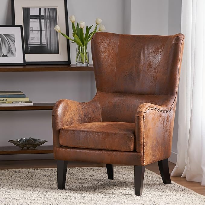 Mid-Century Modern Accent Chairs 27 Wide Wingback Club Chair with Nailhead Trim Fabric Reading Living Room Side Chair Faux Leather Armchair Sofa