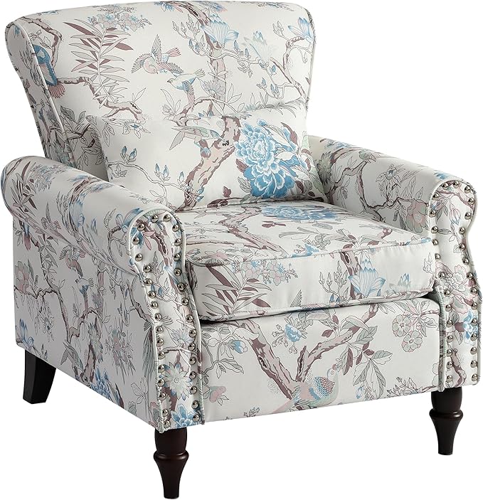 Oversized Floral Accent Chair Set of 2 Upholstered Living Room Armchair with Wooden Legs Comfy Reading Lounge Chair for Bedroom Home Office (Floral &amp Bird Pattern)