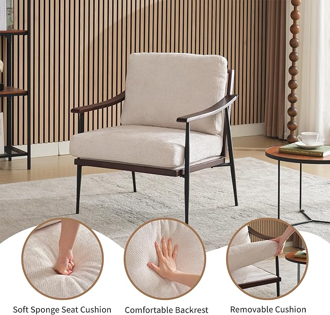 Softa Modern Accent Chair Mid Century Modern Accent Chairs Linen Fabric Arm Chair with Wood Armrests Upholstered Leisure Chair for Living Room Bedroom Reception Room White (White)