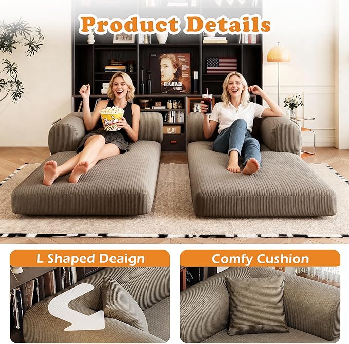 78.8 Modern Convertible Floor Sleeper Sofa Bed Corduroy Modular Boneless Couch with Silver Fixed-Shape Frame No Assembly Futon Cloud Loveseat with Pull-Out Bed for Living Room (Camel)