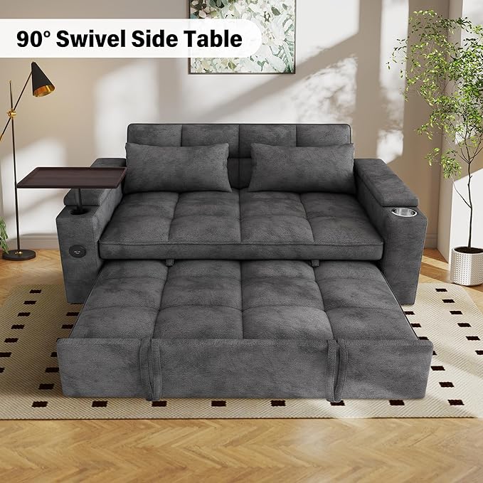 65'' Sleeper Sofa with Pull Out Bed 3 in 1 Convertible Sofa with Cup Holder and Storage Armrests Chenille Loveseat with Swivel Table Adjustable Backrest &amp Charging Ports for Living Room Grey