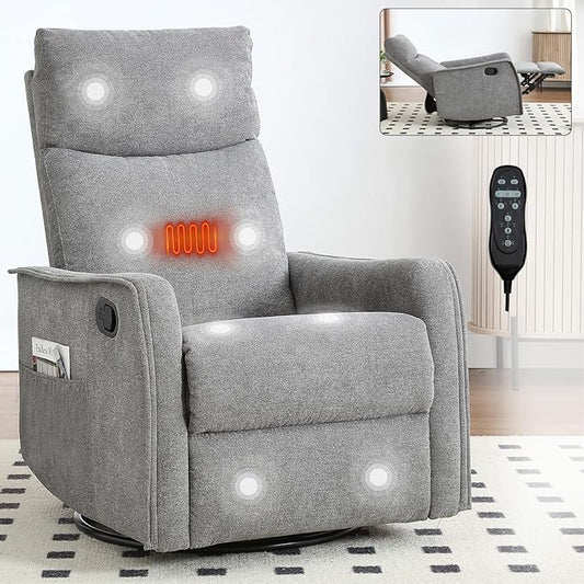 360°Swivel in Fabric Reclining ChairsHeat Massage Manual Recliner ChairSmall Recliners SpacesSingle Lazyboy Recliner Sofa for Living RoomRVBedroomGrey