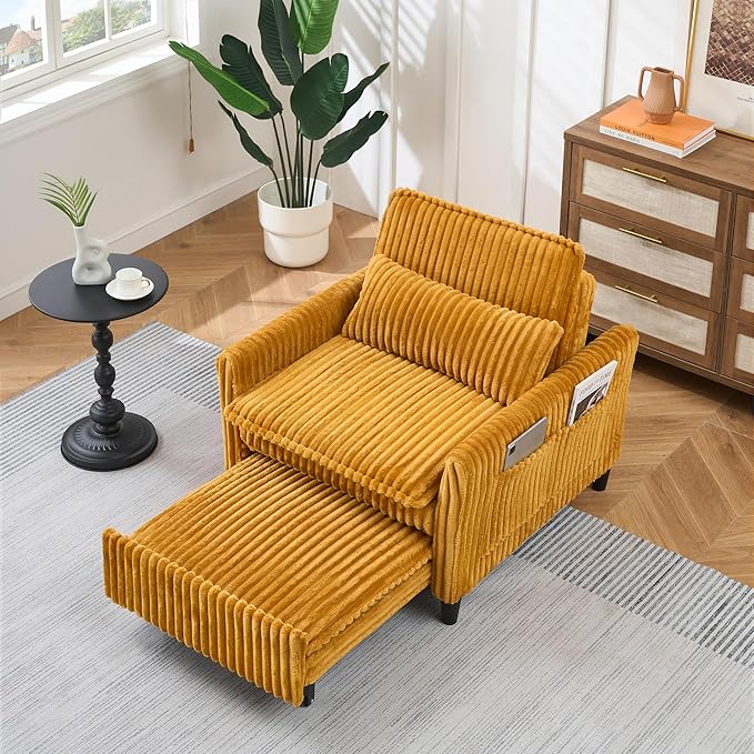 3-in-1 Convertible Sofa Chair BedPull Out Couch Single Sleeper Chair Bedwith Adjustable Backrest with Side Pockets Lounge Sofa for Living Room Bedroom Small Spaces (Yellow)