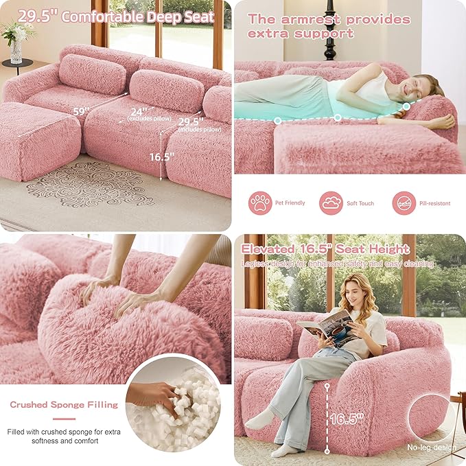 Boneless Couch Sectional Couches for Living Room 114.7'' U Shaped Modular Sectional Sofa with Ottoman Comfy Plush Cloud Couch with Deep Seat Oversized 3-Seater Modular Couches Pink