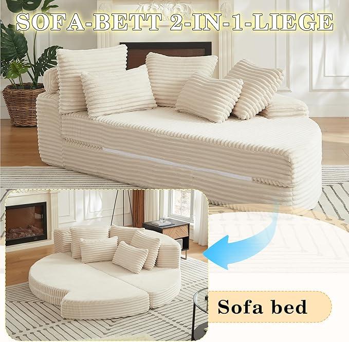 78.5 Beige Corduroy Boneless Right-Side Half Round Oversized Sofa Converts into Recliners Sofa Bed Convertible Lounge Chair Neck Pillow Design with Five Throw Pillows