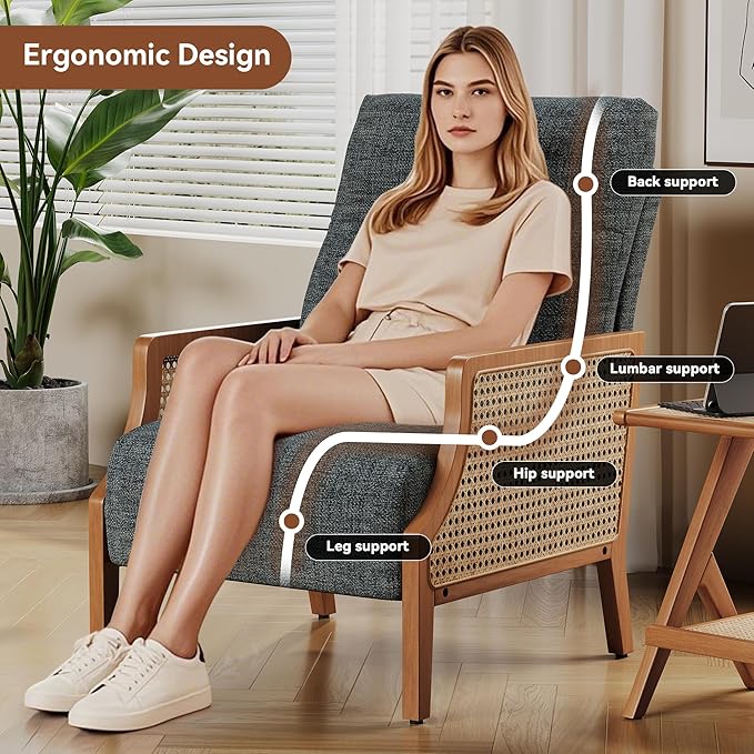 Aklaus Mid Century Accent Chair Set of 2 with Rattan Armrest Upholstered Living Room Chairs Lounge Fabric Reading Chairs Side Sitting Farmhouse Chair for Living Room Bedroom Balcony Grey