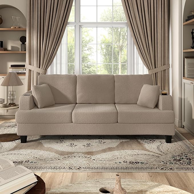Homes: Inside + Out Reese Modern Plush Boucle Couch with Side Pockets Cup Holders and USB Ports Wooden Comfortable Sofa for Living Room Bedroom and Office Beige