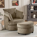 Swivel Accent Chair Round Barrel Armchair Upholstered Living Room Chair Corduroy Reading Chair Single Sofa Chair for Bedroom Apartment Office (Brown Upgrade 1Seater+ Ottoman)