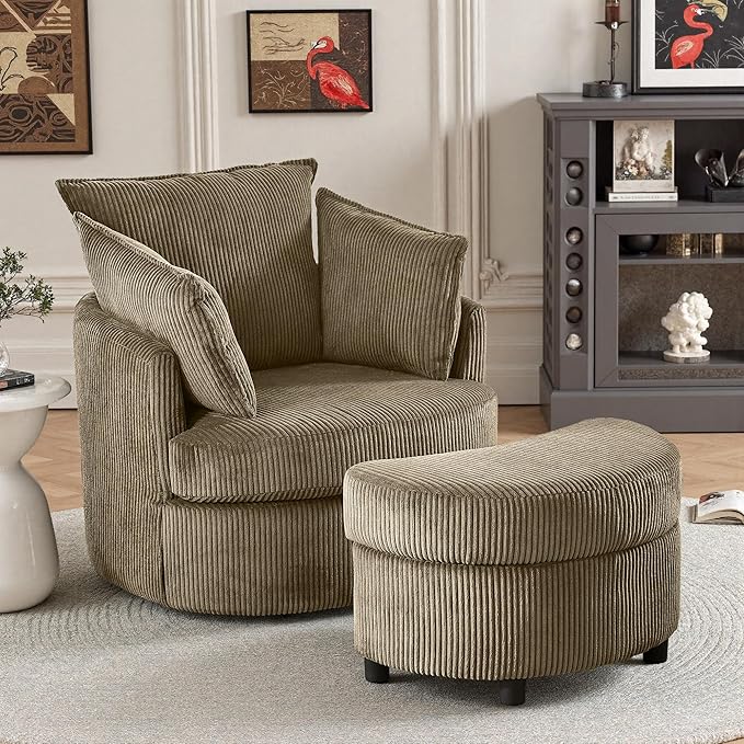 Swivel Accent Chair Round Barrel Armchair Upholstered Living Room Chair Corduroy Reading Chair Single Sofa Chair for Bedroom Apartment Office (Brown Upgrade 1Seater+ Ottoman)