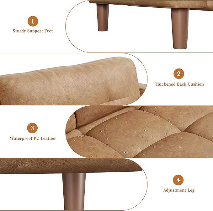 3-Seater Sofa Couch 83 in Wide Faux Leather Sofa Couch with Spring Cushion Modern Sofa with Deep Seats and 2 Removable Back Cushions for Living Room Bedroom Apartment Brown