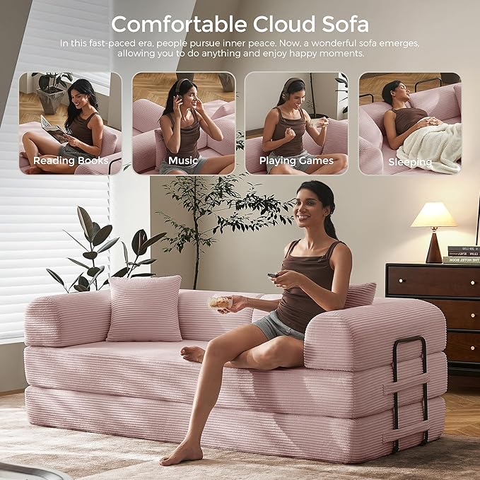 79 Floor Sofa Bed Convertible 5-in-1 Sleeper Sofa with Non-Slip Base Corduroy Couch Expandable Design No Tools Needed for Home Guest Room (Pink)