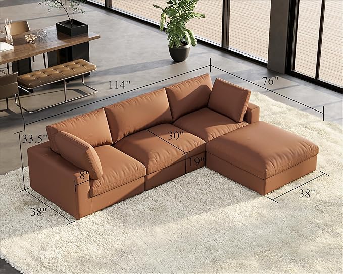 AMERLIFE 114 Inches Modular Sectional Couch Feather Down Filled Sectional Sofa 4 Seats L Shaped Couch with Chaise Ottoman Oversized Sofa for Living Roomt Apartment Brown Anti-Scratch Leathaire