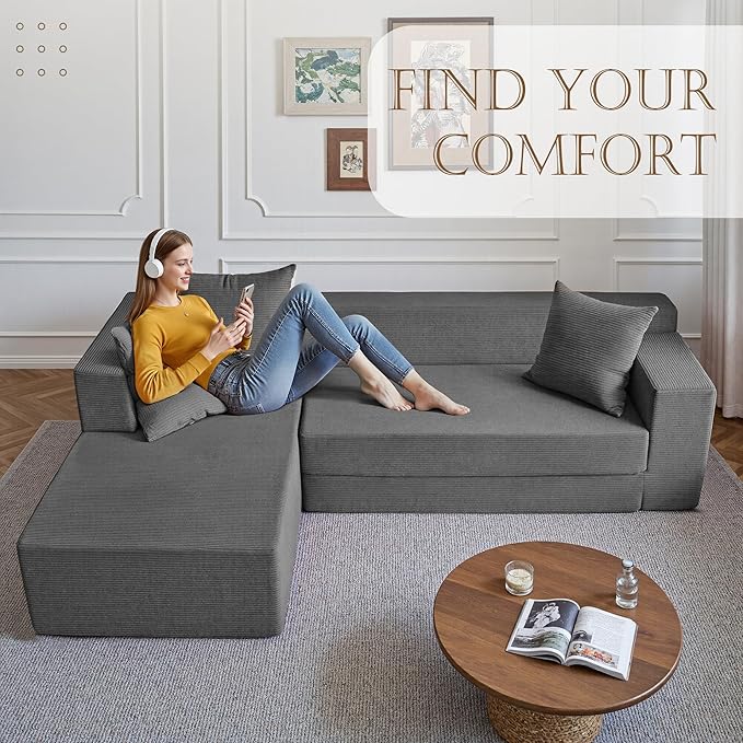 YINIX 106 Modular Sectional Sofa Modern Cloud Couch with L-Shape Chaise Upholstered Boneless Couches with Deep Seat Comfy Corduroy Sofa for Living Room Bedroom No Assembly (Grey)