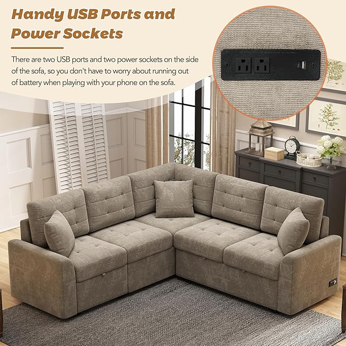 82.6 L-Shape Sofa Bed with Wheels Pull-Out Sleeper Sofa with USB Ports and Power Sockets Multifunctional Convertible Sectional Sofa Set for Living Room Bedroom (khaki-11x)