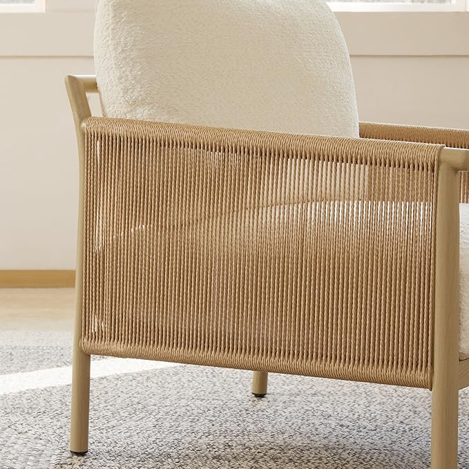 CHITA Braid Accent Chairs Modern Armchair with Wood-Like Finish Metal Frame for Living Room and Bedroom Boho Reading Chair Cream