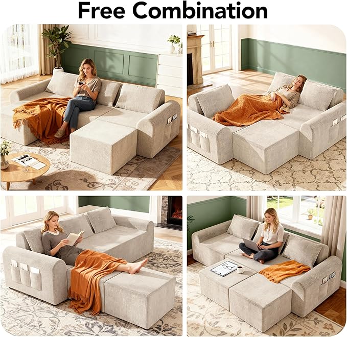 Cloud Sectional Couch with 3 Pillows &amp 2 Ottomans Boneless Couches for Living Room U Shaped Sectional Sofa Deep Seat Comfy Couch for Small Spaces No Assembly Required 72h to Restore (Beige)