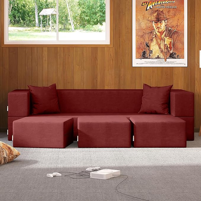 Jaxx Zipline Convertible Sleeper Sofa &amp Three Ottomans/California King-Size Bed Textured Microvelvet - Berry Red