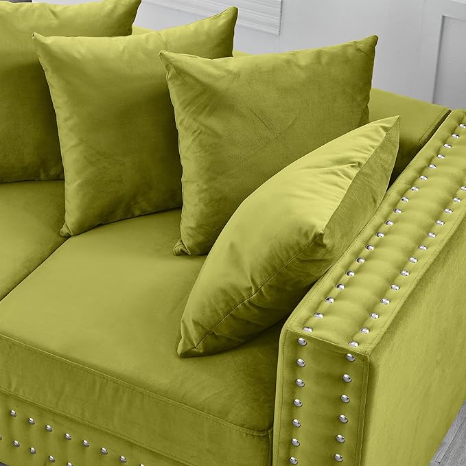 84.5 Wide 3-Seater Velvet Sofa with Storage Mid Century Modern Chesterfield Couch Upholstered Love Seat with Deep Seat &amp Retro Trim Green Velvet Couch for Living Room Office Apartment (Green)