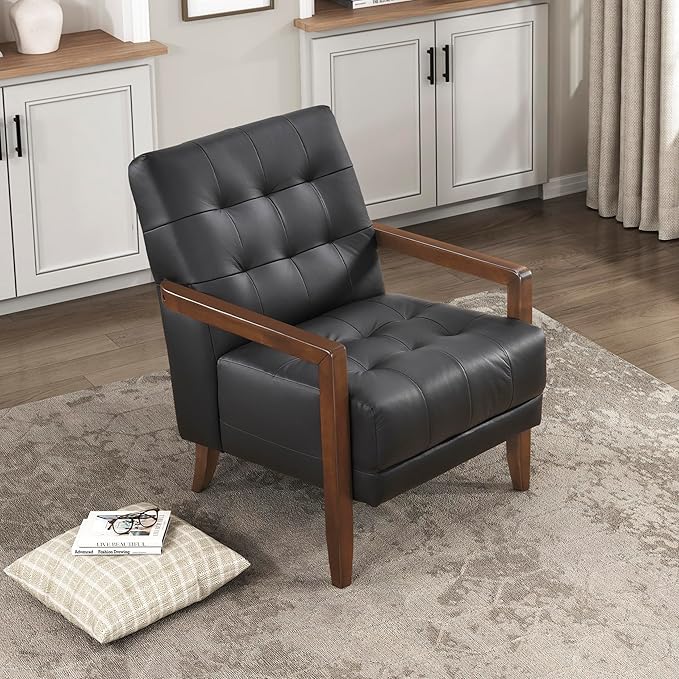 Lexicon Modern Accent Chair Luxury Genuine Leather Match Living Room Chair with Tufted Cushions Solid Wood Frame and Arm Rest Comfy Upholstered Single Seat for Bedroom/Reading/Office Black