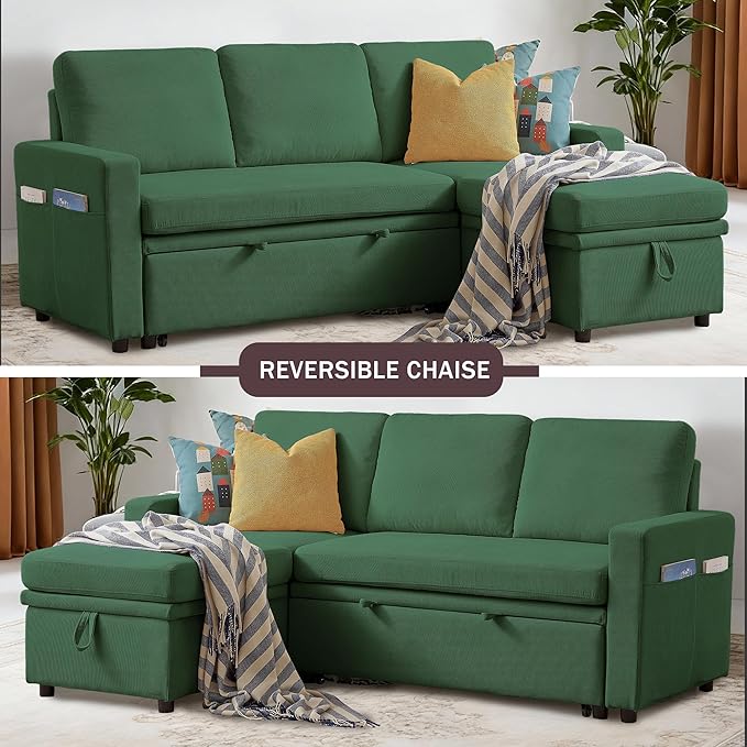 Sectional Sofa Bed Convertible Sleeper Sofa with Storage Chaise L-Shape Modern Polyester 3 in 1 Pull Out Couch Bed for Living Room Green