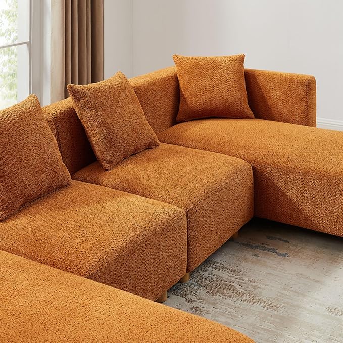 VANOMi 113 Sectional Sofa with 4 Pillows U-Shaped 4-Seater Comfy Boucle Cloud Couch Modern Double Chaises Lounge Sofas for Living Room Office Apartment (Curry-U)