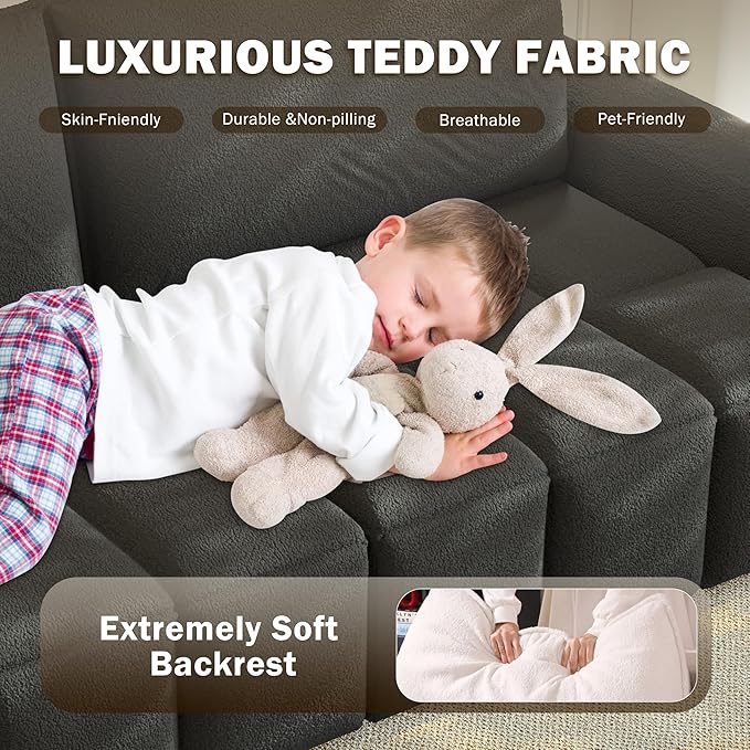 90.2 Futon Sofa Bed King 3-in-1 Teddy Convertible L-Shaped Sofa Upholstered Loveseat Couches Pull Out Couch Bed Small Spaces Deep Seat Storage for Living Room Apartment Black