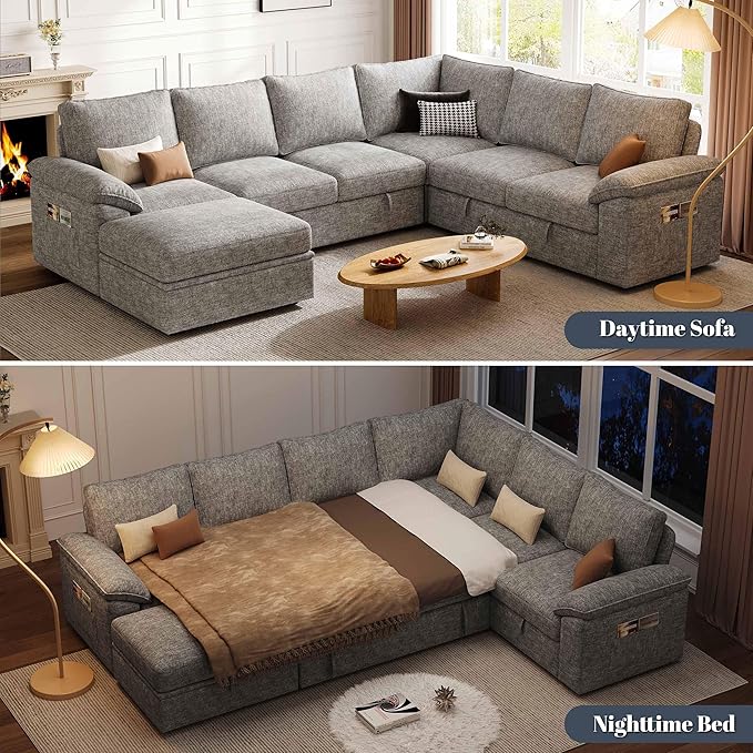 108 Inch Modular Sectional Sofa with Pull Out BedU Shaped 7 Seat Sectional Sleeper Sofa with StorageSectional Couches for Living RoomCloud Modular CouchRemovable Sofa CoverLight Gray