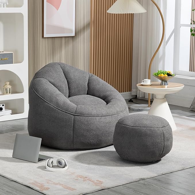 Small Bean Bag Chairs for Adults Single Sofa Chair with Ottoman Footrest Bean Bag Couch for Teens with Foam Filler Included Comfy Soft Lazy Sofa for Small Space/Living Room/Bedroom/Study