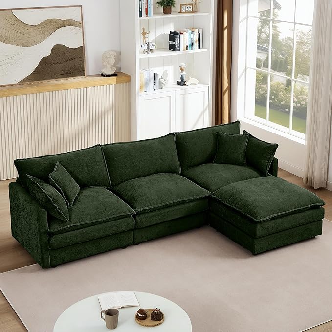 Green Sectional Modular Sofa Cloud Couch 105 Modern Convertible L-Shape Sofa Deep 3-Seater Soft Chenille Comfy Upholstered with Removeable Ottoman Set and Removable Cushions for Living Room