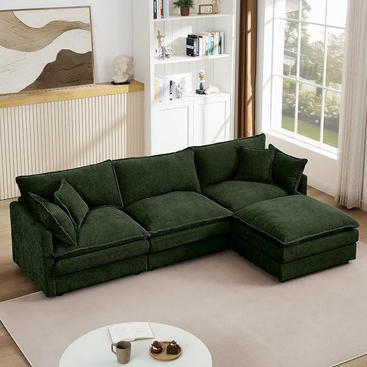 Green Sectional Modular Sofa Cloud Couch 105 Modern Convertible L-Shape Sofa Deep 3-Seater Soft Chenille Comfy Upholstered with Removeable Ottoman Set and Removable Cushions for Living Room