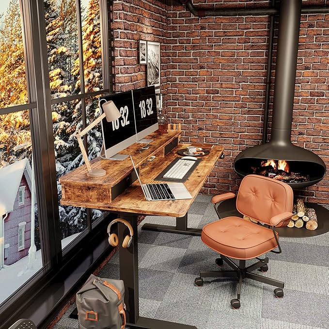 CubiCubi Electric Standing Desk with Double Drawers 55x24 Inch Height Adjustable Sit Stand Desk with Storage Shelf Home Office Computer Workstation Rustic Brown