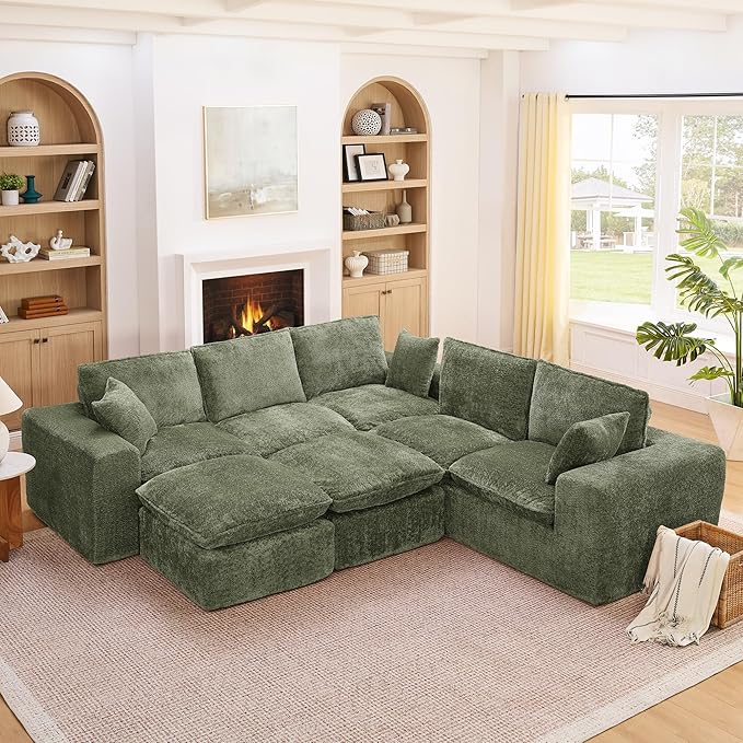 L-Shaped Boneless Modular Sectional Cloud Couches 7 Seat Modular Boucle Floor Foam Boneless Sofa Couch with Ottomans Headrest Pillows and Removable Cushions