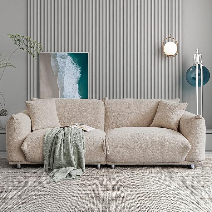 Hison Deep Seat Lambswool Sofa with 2 Pillows86 Inch Modern Sherpa Sofa with Solid Wood Frame 3 Seater Upholstered Couches Comfy Sofa for Living Room Apartment Office Camel