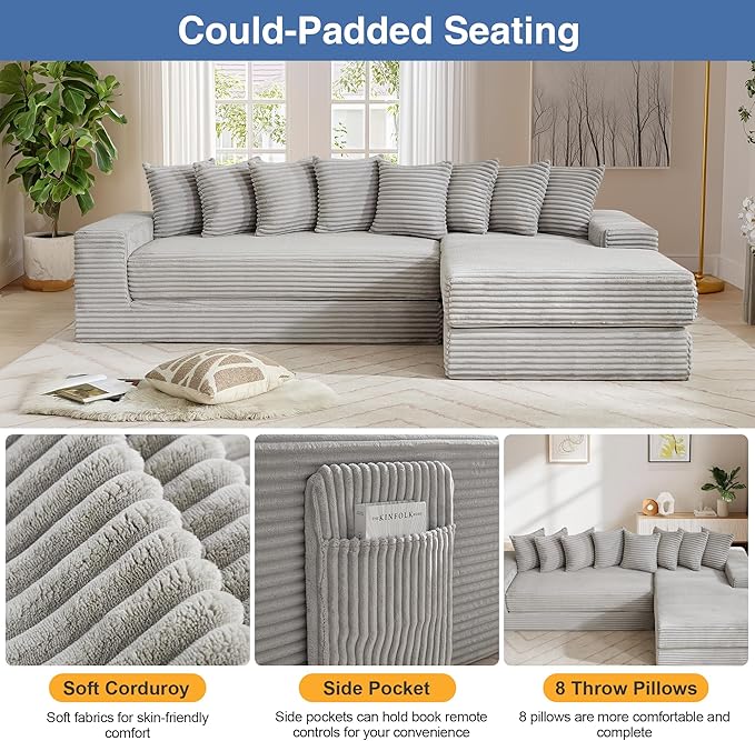 110'' Oversized Cloud Sectional Couches for Living Room Convertible Sleeper Sofa Bed Big Comfy Couch with 2 Side Pockets &amp 8 Pillows Corduroy Free-Combined (Light Gray 110 -Right Facing Chai