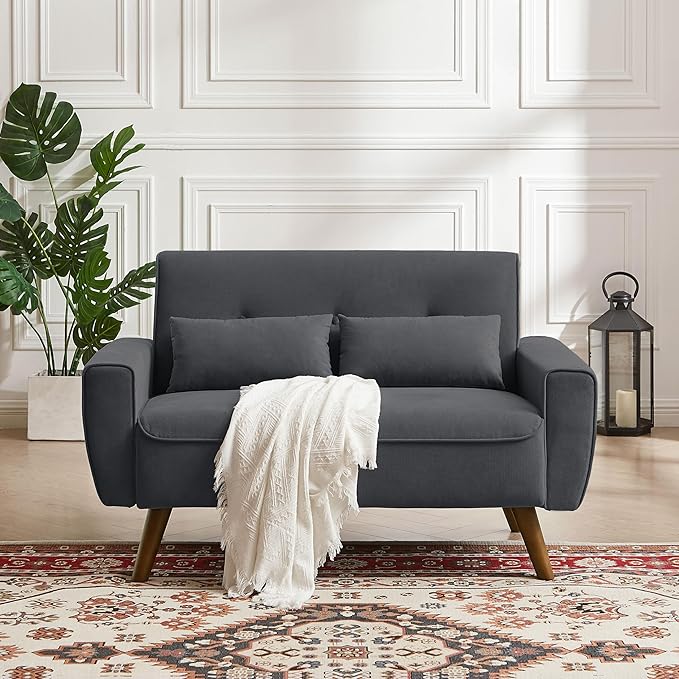 48.8 Small Loveseat Sofa Mid Century Modern Love Seat Couch with Back Cushions and Plastic Legs 2 Seater Couches for Living Room Bedroom Small Spaces Dark Grey