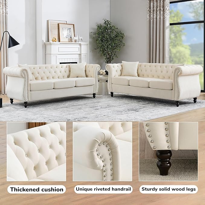 2 Piece Modern Beige Velvet 80 3-Seater Sofa Sets Upholstered Tufted Backrests with 8 Rolled Nailhead Arms Combination Couch with 4 Pillows for Living Room