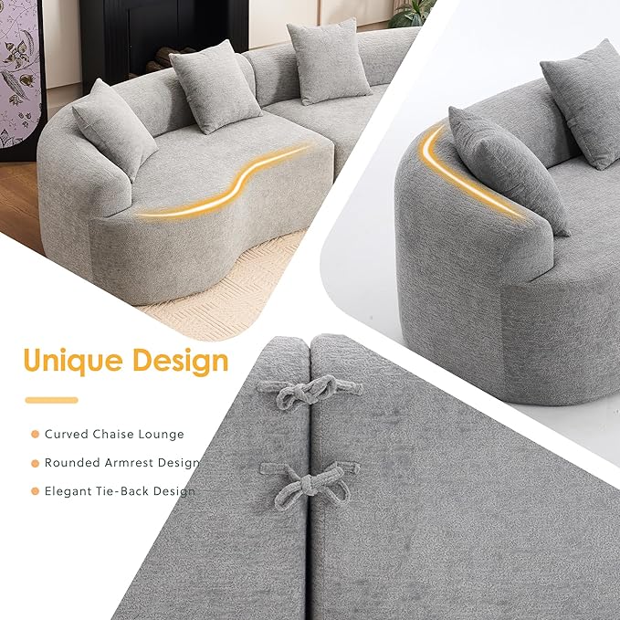 Oversized Sectional Boneless Sofa for Living Room 110 Modern Luxury Chenille Sofa 4-Seater Extra Deep &amp Wide Seat Curved Cloud Couch with 4 Throw Pillows Grey