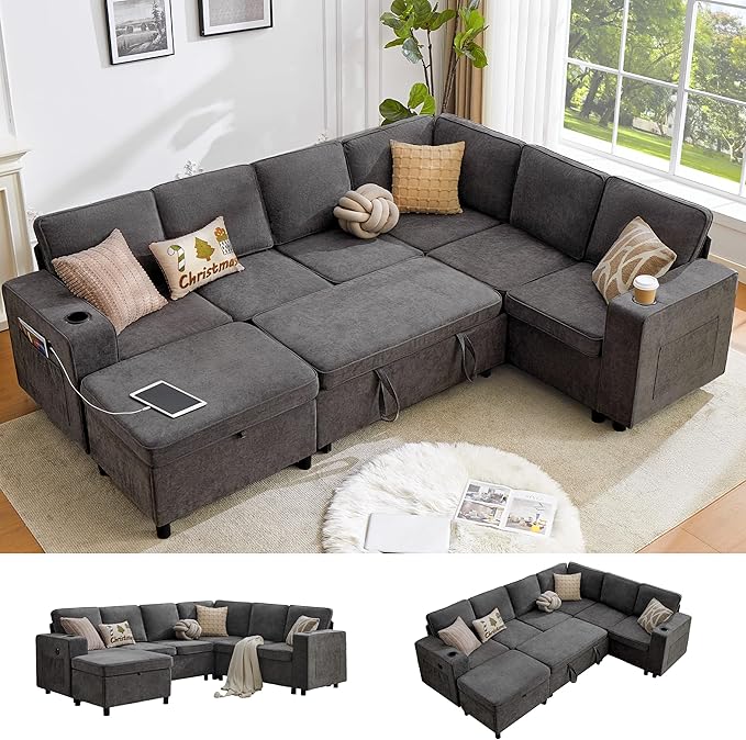 107 Inch Sectional Sleeper Sofa with Pull Out Bed 7 Seat U Shaped Modular Sectional Sofa with Storage Ottoman USB Port &amp 6 Pillows Sectional Couches for Living Room &amp Apartment Modular Cou