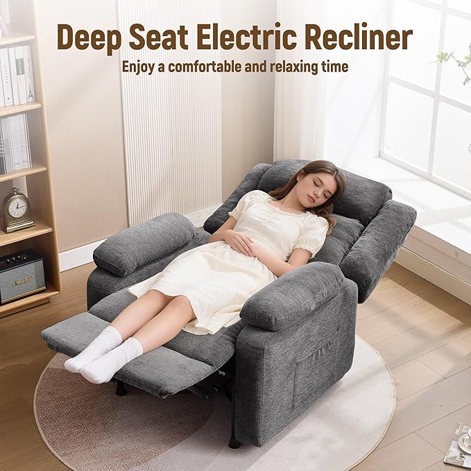 Power Recliner Chair Living Room Chairs for Adults Oversized Electric Recliner with Side Pockets Chenille Fabric Reclining Chair for Living Room Bedroom