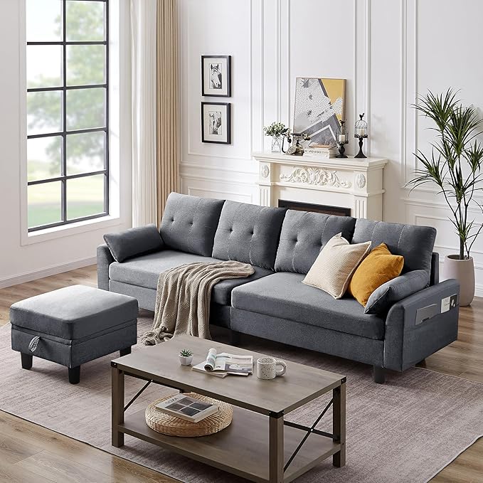 Convertible Sectional Sofa Couch 102 L Shaped Couch with Storage Ottoman and Side Pocket Modern Polyester 4-Seat Reversible Sofa Set for Living Room Light Grey